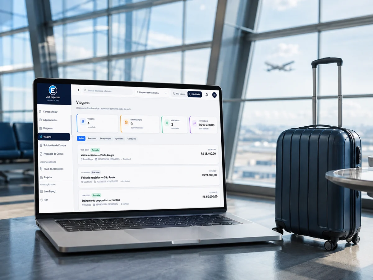Notebook em sala de embarque exibindo o painel de viagens corporativas do Jad Expenses, ao lado de uma mala de viagem