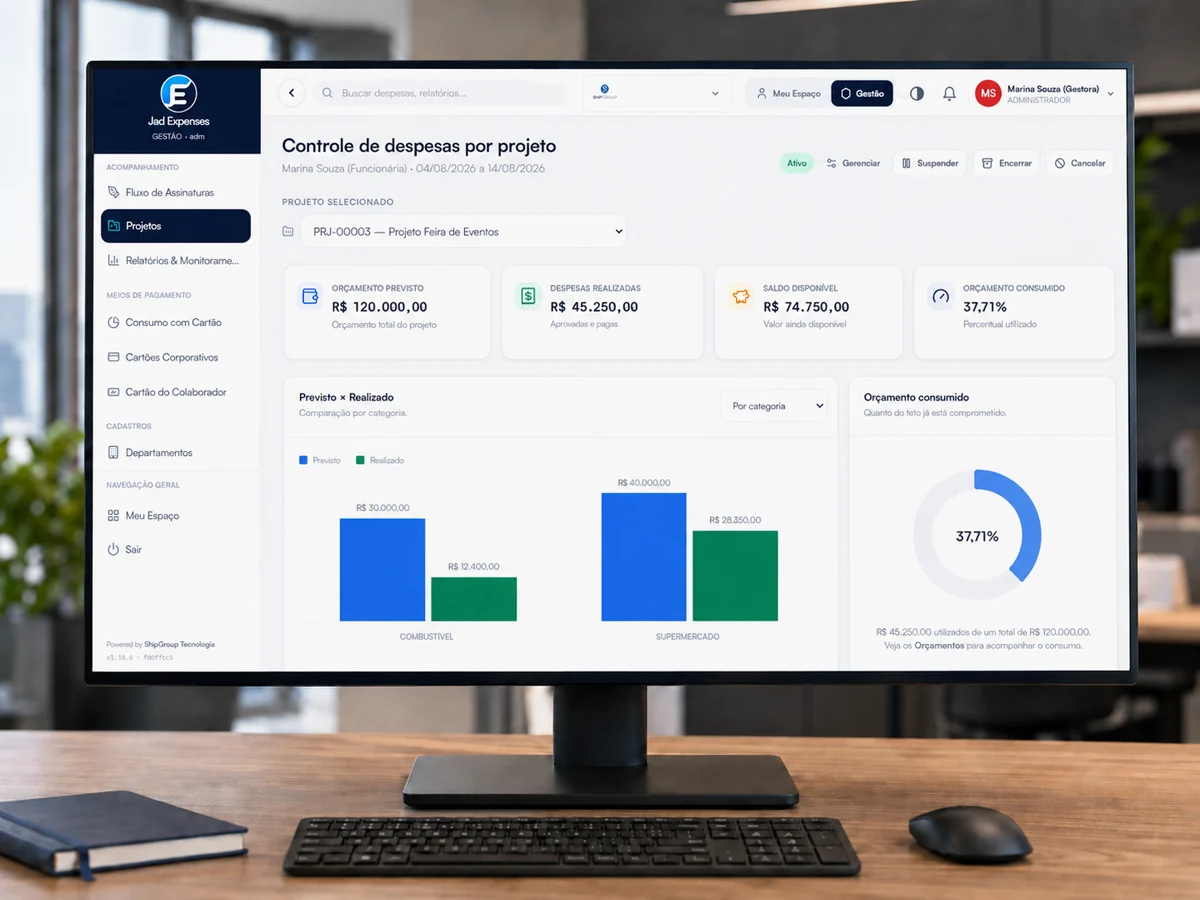 Painel do Jad Expenses mostrando orçamento previsto, despesas realizadas, saldo disponível e percentual consumido por projeto.