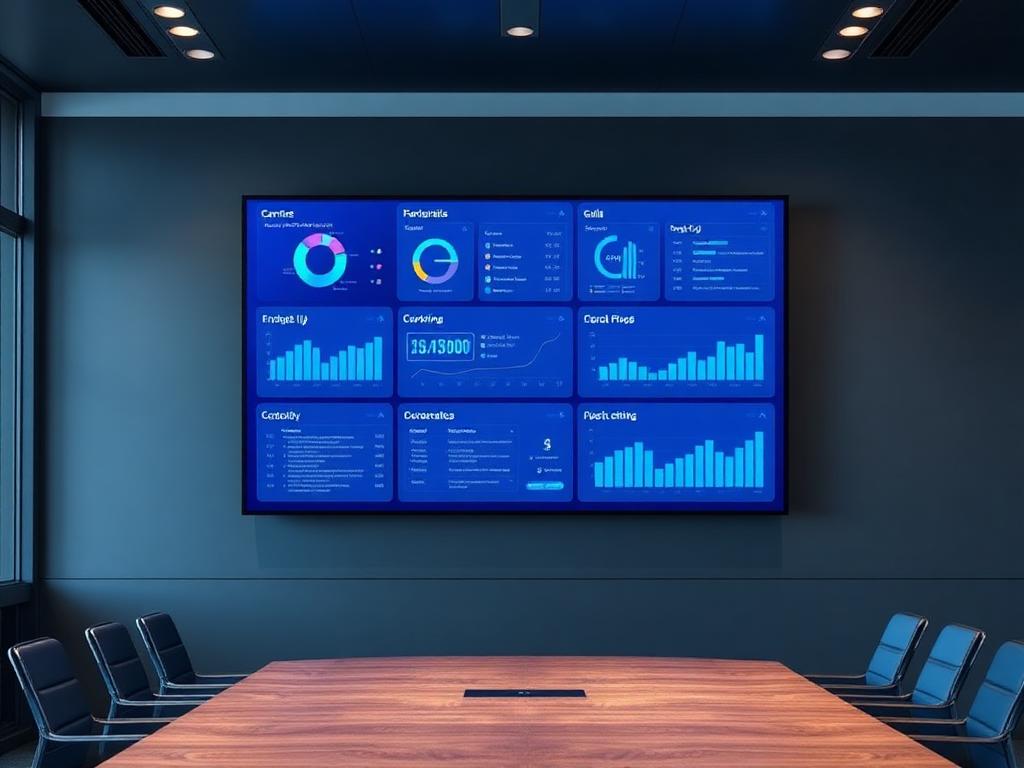 Painel gerencial de despesas exibido em uma sala de reunião