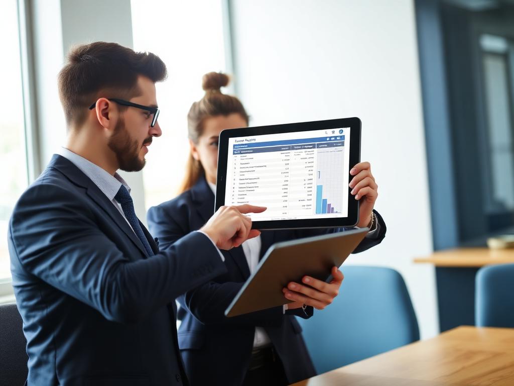 Gestor e colaborador revisando um relatório de despesas em um tablet